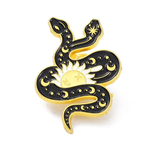 Black double head snake on sun enamel pin