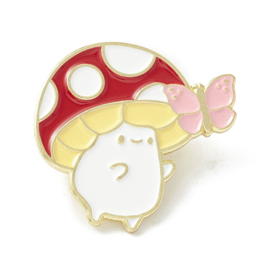 Mushroom chasing butterfly enamel pin