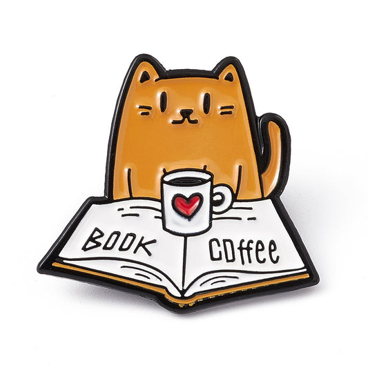 Cat with coffee and book enamel pin