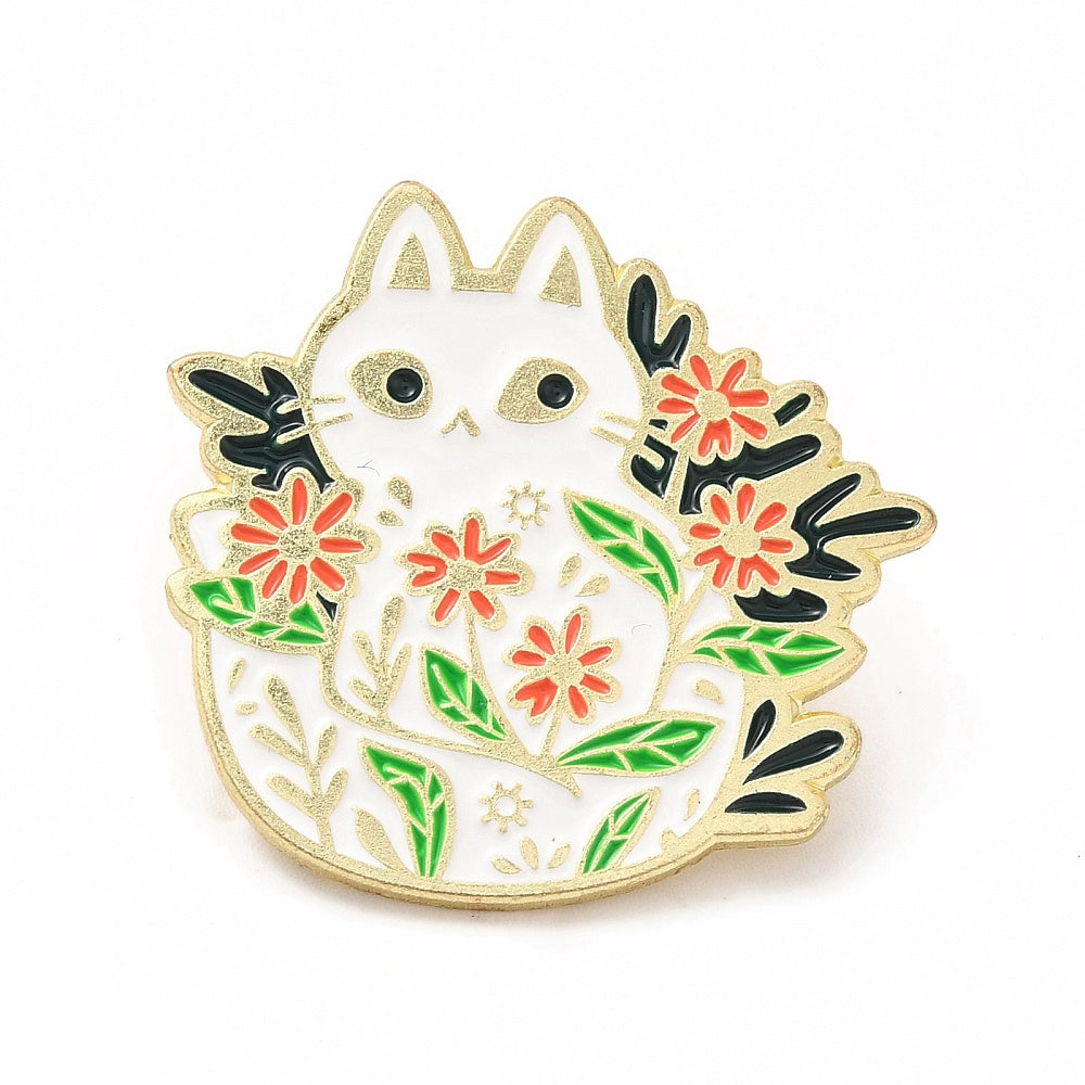 White cat with flowers enamel pin