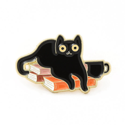 Cat, books and tea enamel pin