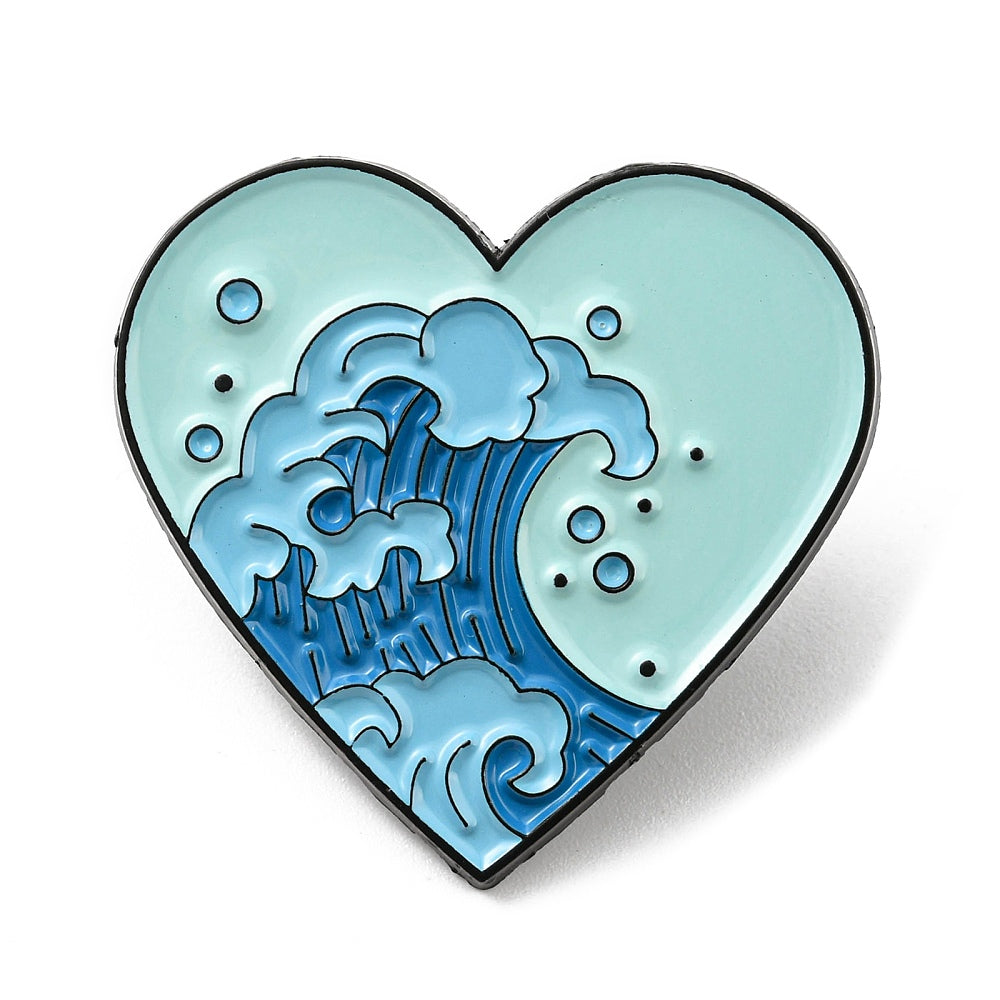 Wave love heart enamel pin