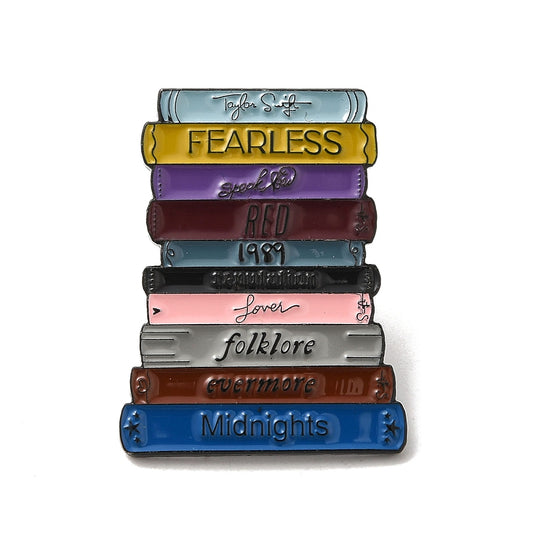 Pile of books albums enamel pin