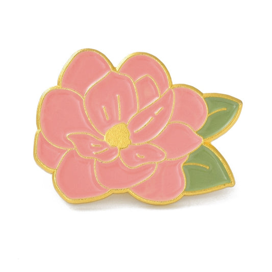 Pink camellia flower enamel pin