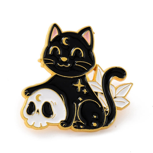 Black cat with skull enamel pin