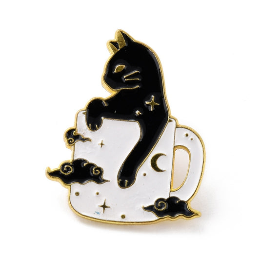 Black cat in a mug enamel pin