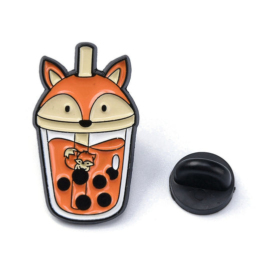 Fox bubble boba tea enamel pin