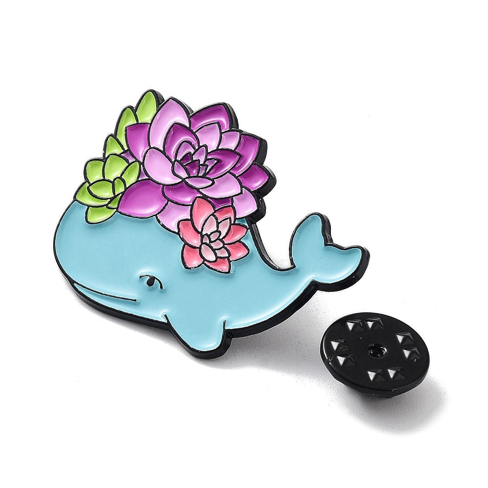 Lotus whale enamel pin