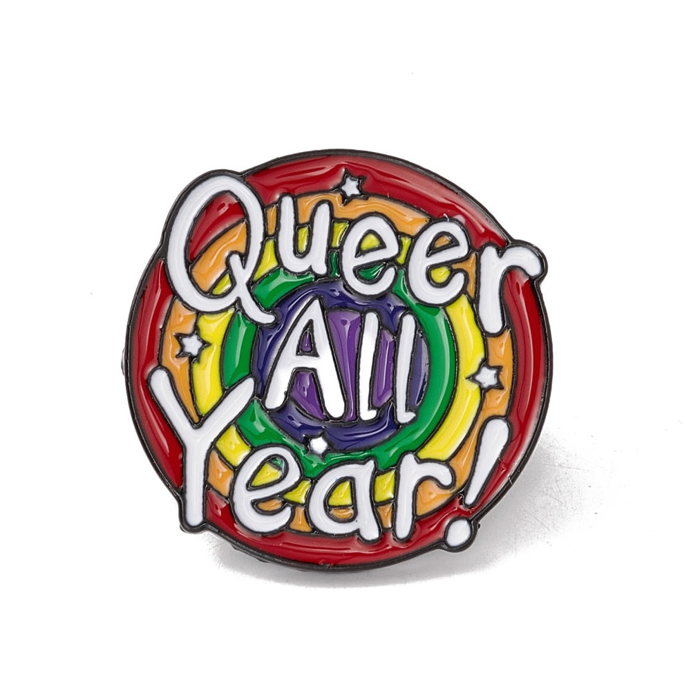 'Queer all year!' rainbow enamel pin