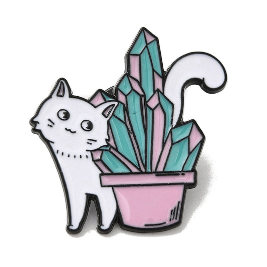 White cat with crystals enamel pin