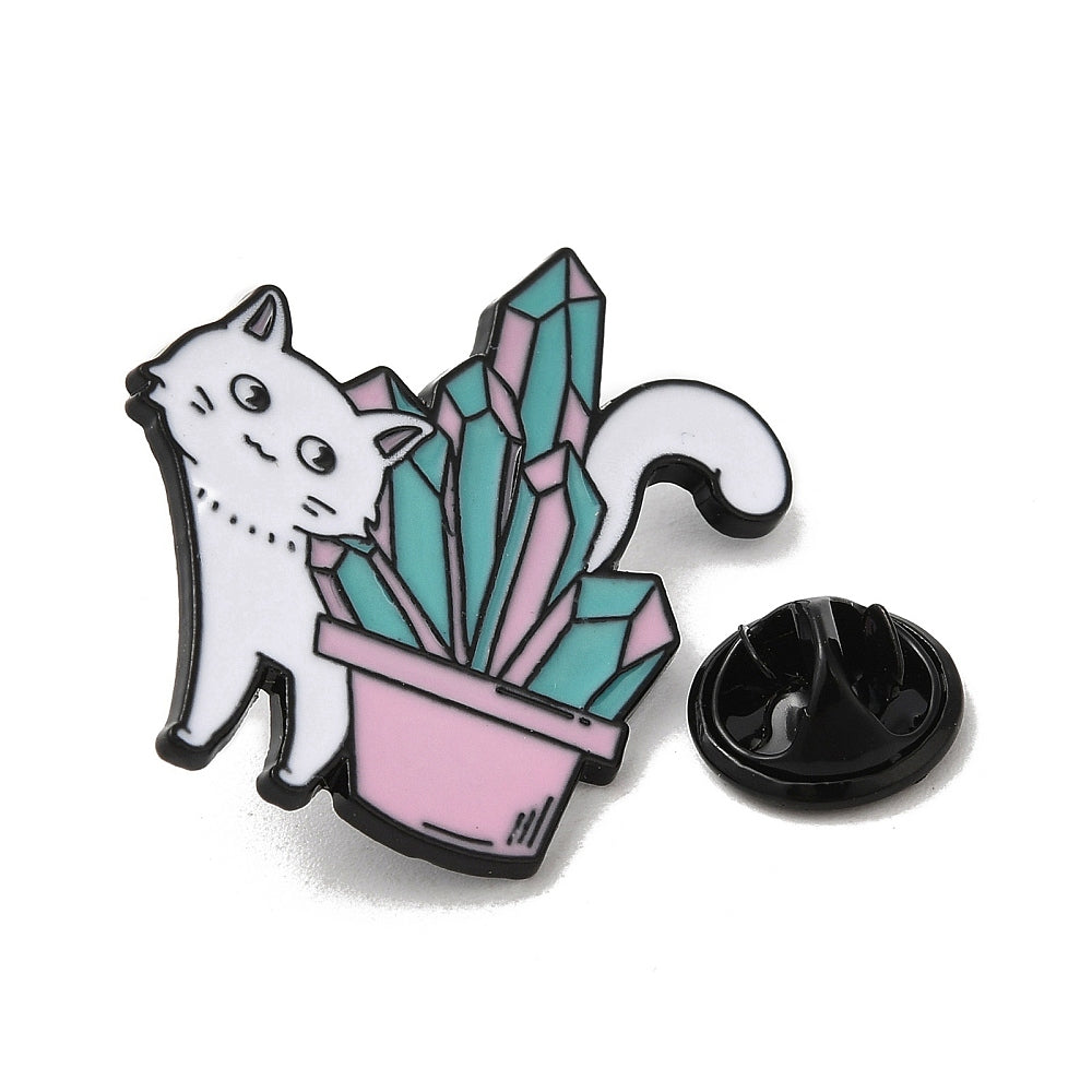 White cat with crystals enamel pin