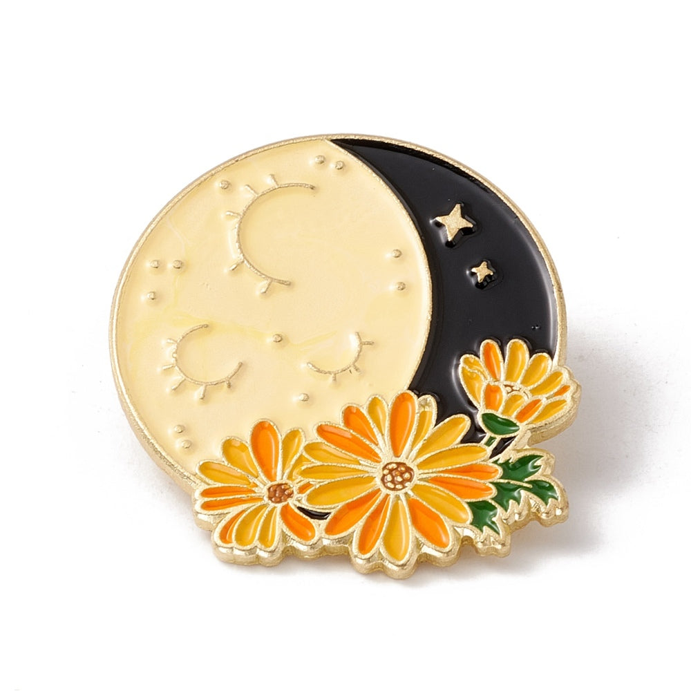 Moon with flowers enamel pin