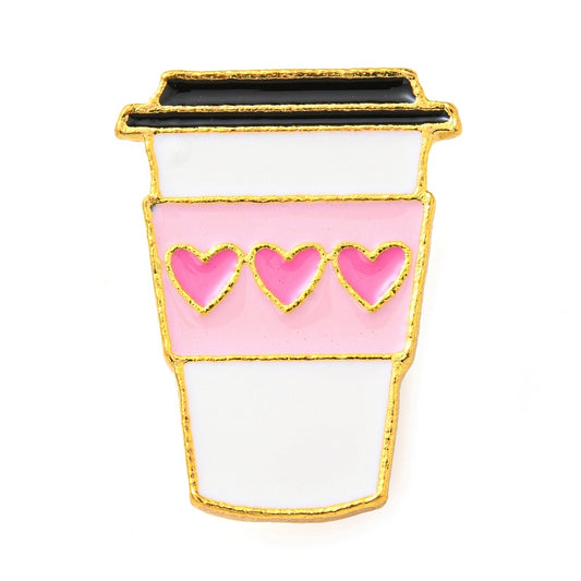 Coffee cup love hearts enamel pin