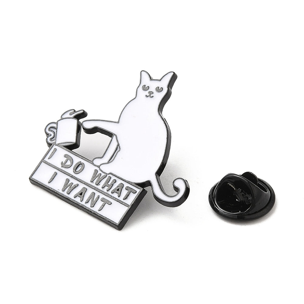 White cat saying 'I do what I want' enamel pin