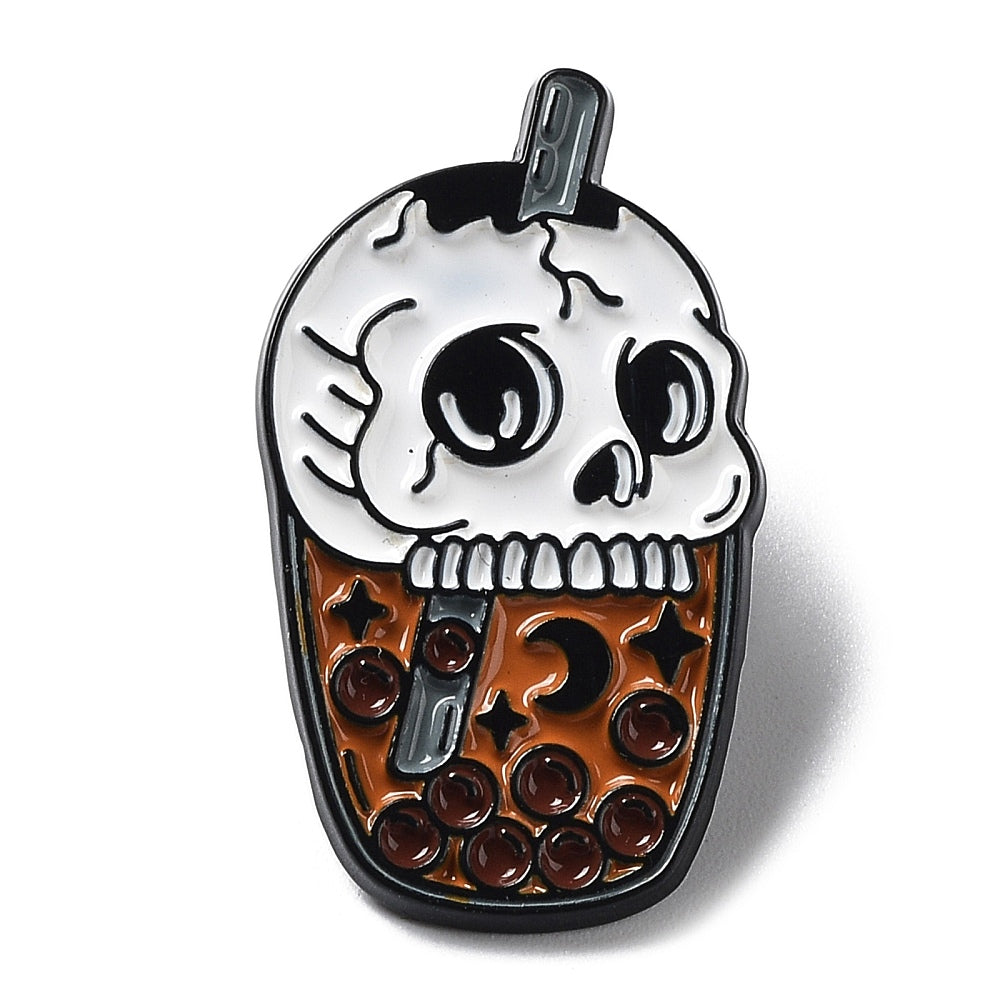 Skull bubble boba tea enamel pin