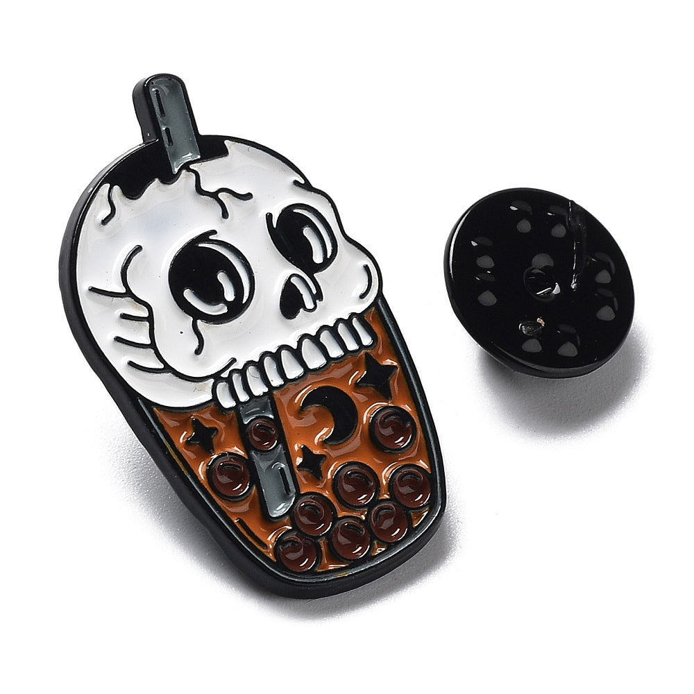 Skull bubble boba tea enamel pin