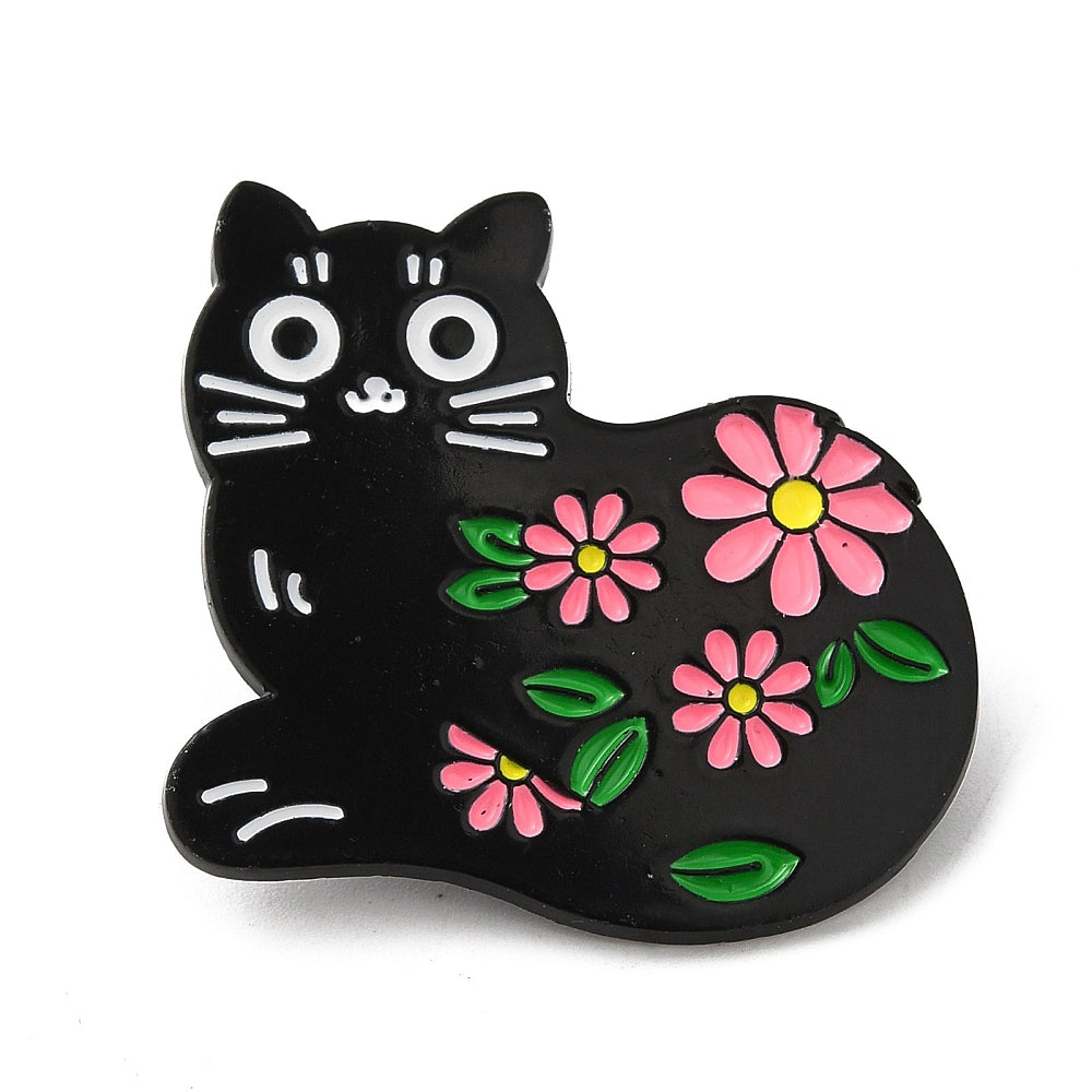 Cat art flowers enamel pin