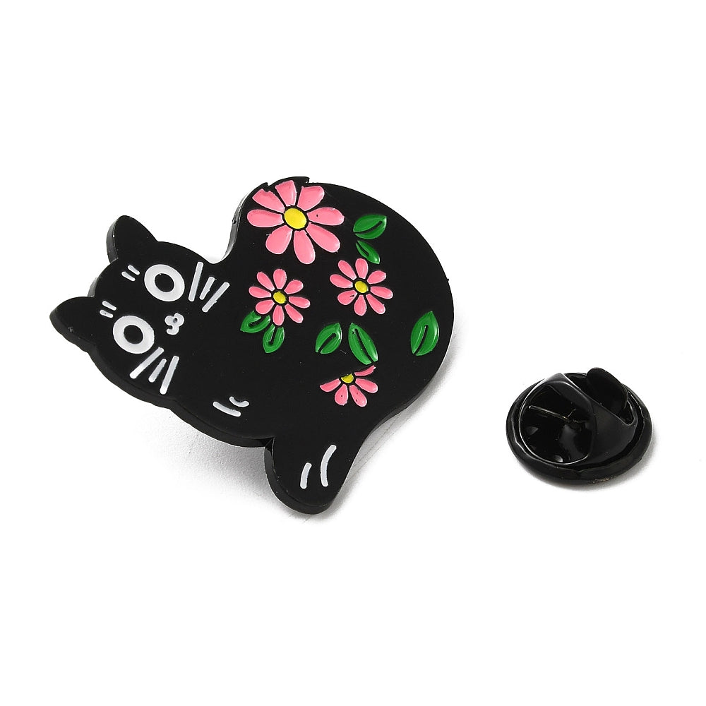 Cat art flowers enamel pin