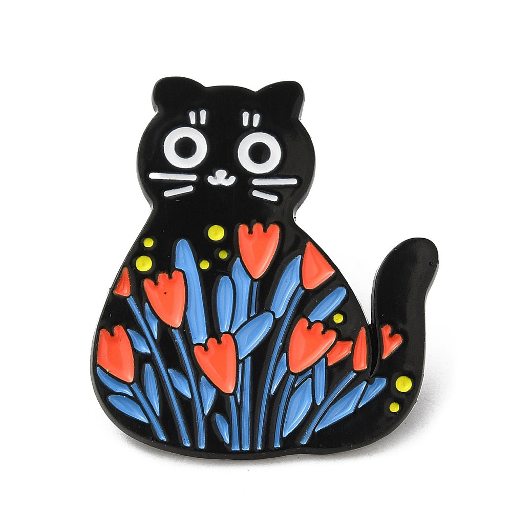 Cat art flowers enamel pin