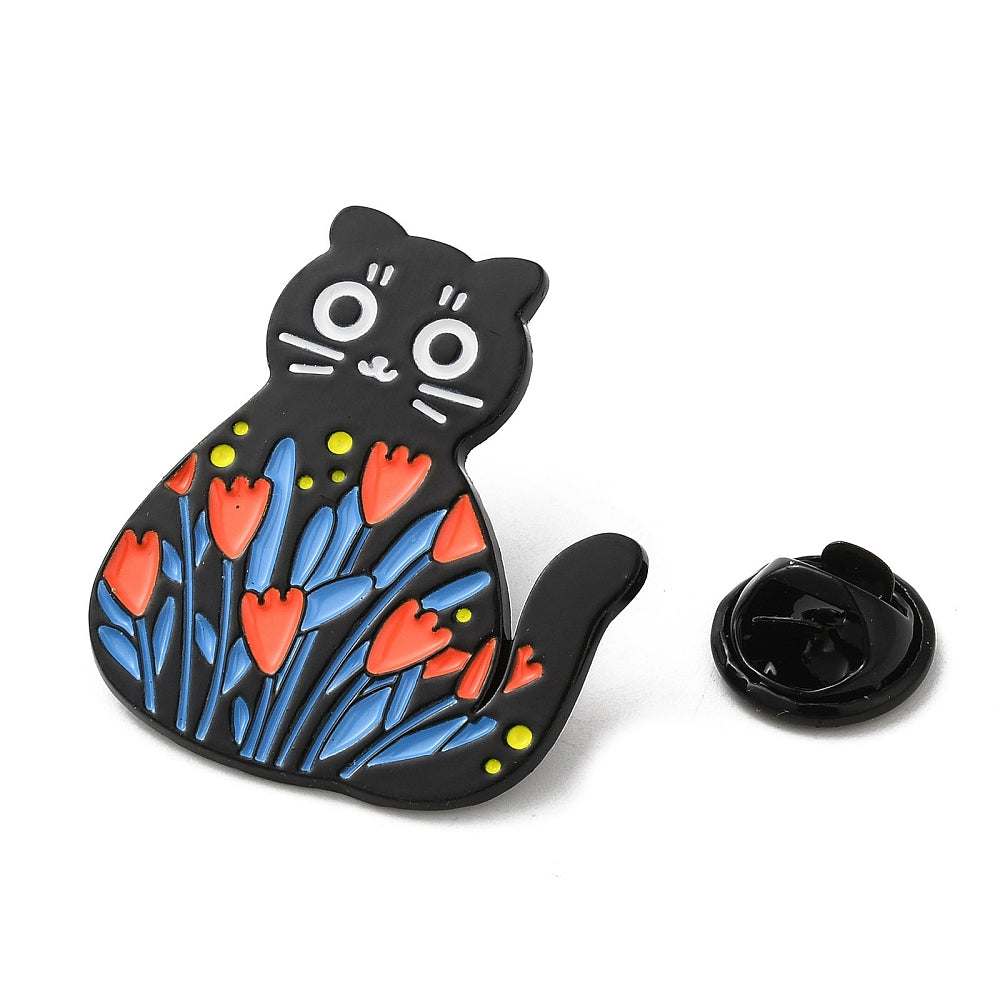 Cat art flowers enamel pin