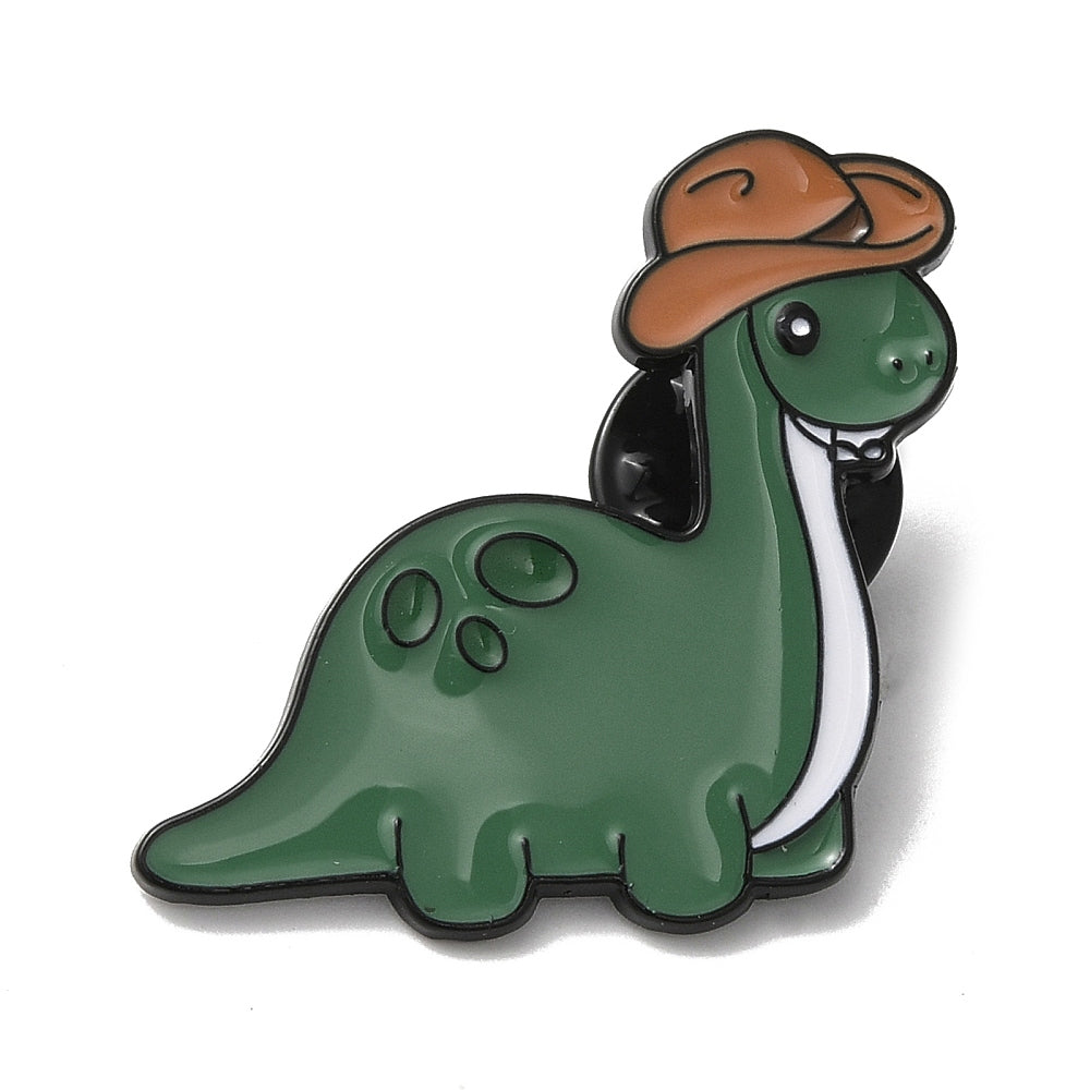 Brontosaurus dinosaur wearing hat enamel pin