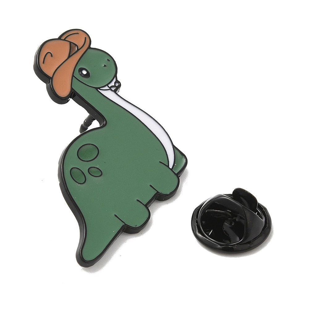 Brontosaurus dinosaur wearing hat enamel pin