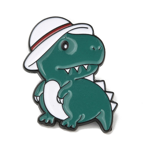 Green dinosaur white hat enamel pin