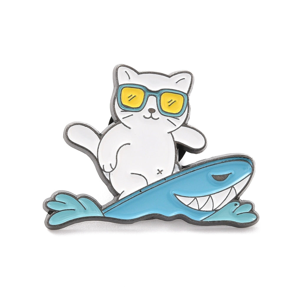 Cat riding shark enamel pin