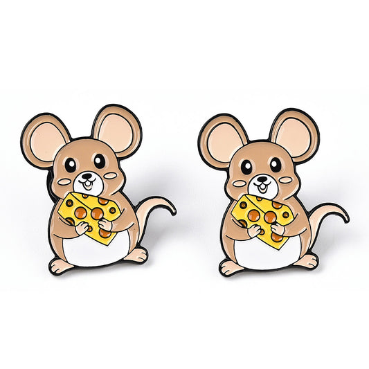 Brown mouse with cheese enamel pin