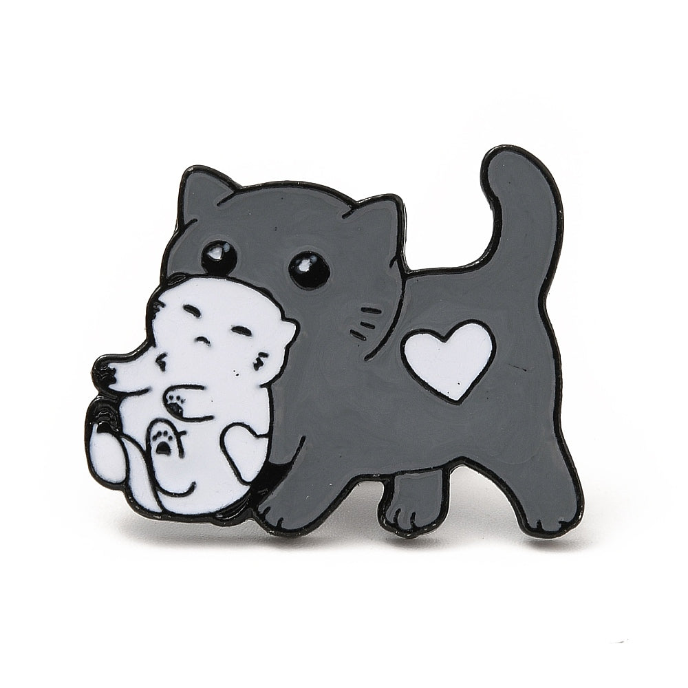 Grey cat kitten holding white kitten enamel pin