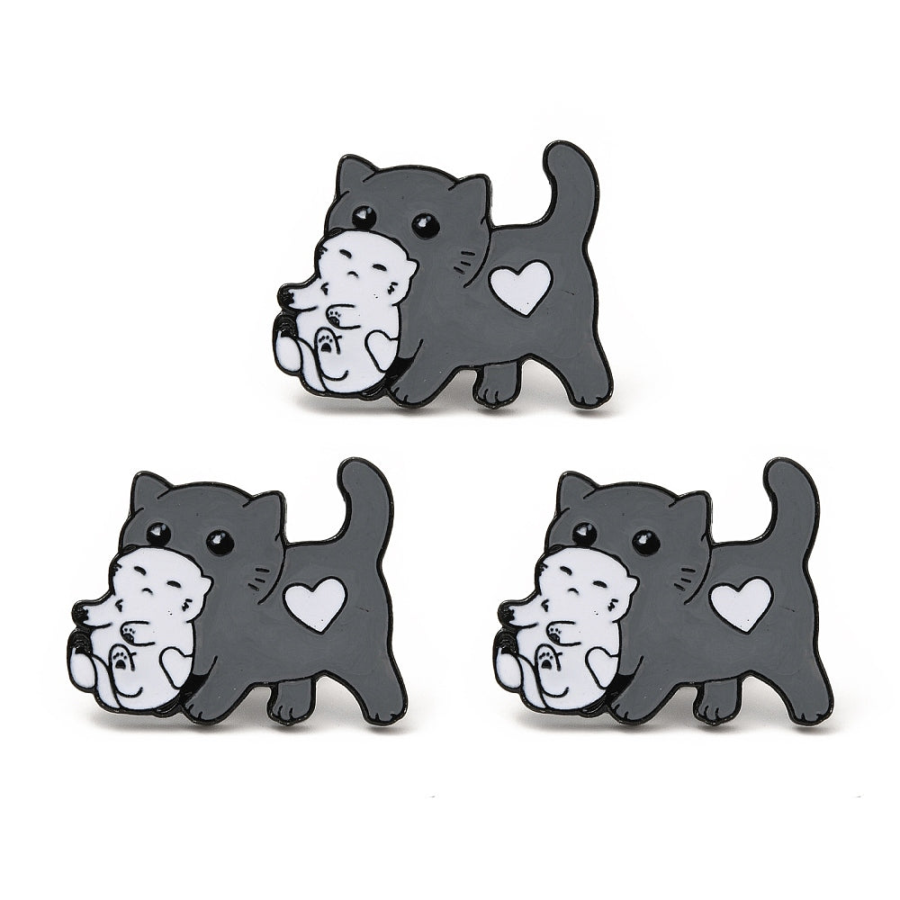 Grey cat kitten holding white kitten enamel pin