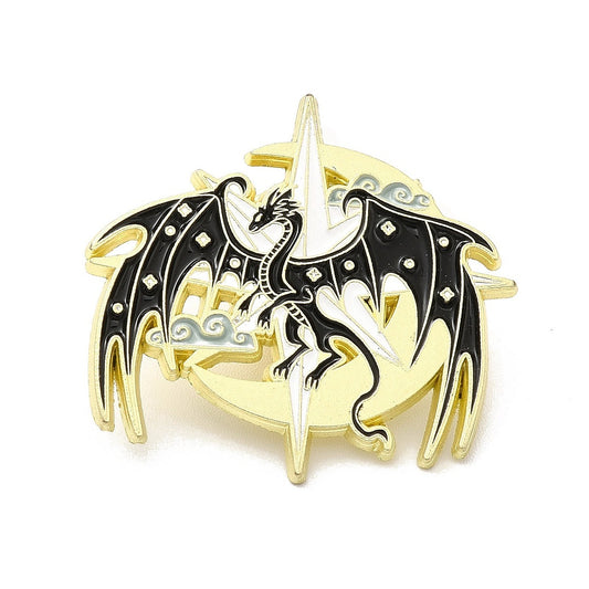 Black dragon on star and moon enamel pin