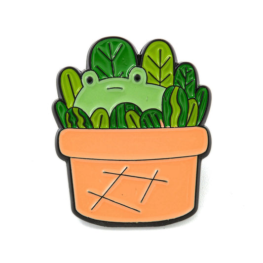 Frog in pot plant enamel pin