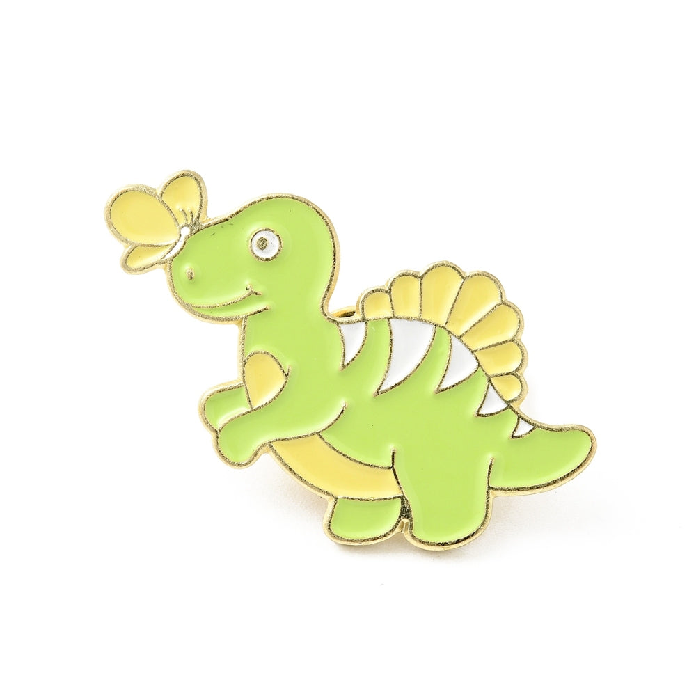 Green dinosaur with butterfly enamel pin