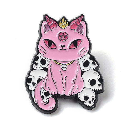 Pink skull cat enamel pin