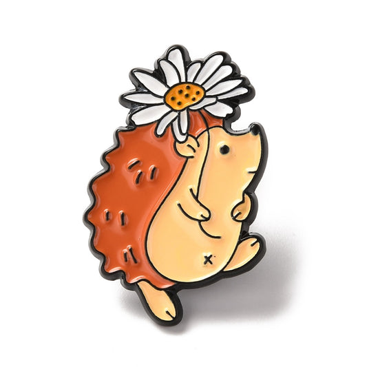 Hedgehog with white flower enamel pin