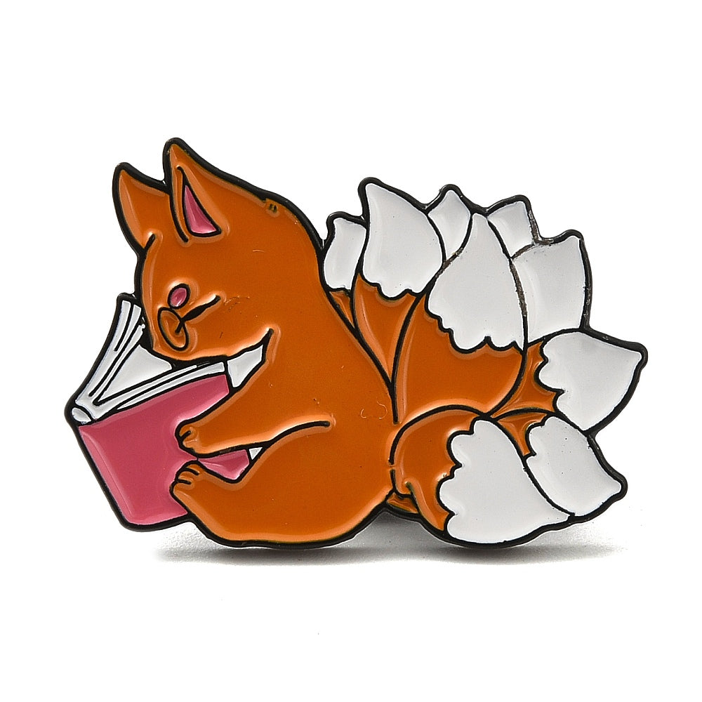 Nine tailed fox reading book enamel pin