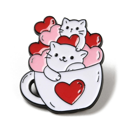 Heart cup with cats enamel pin