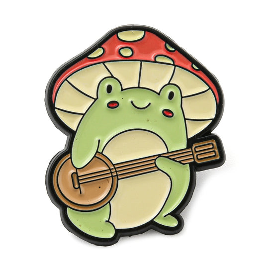 Frog mushroom banjo enamel pin