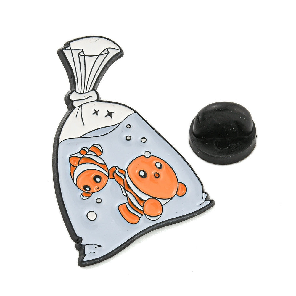 Clown fish in a bag enamel pin