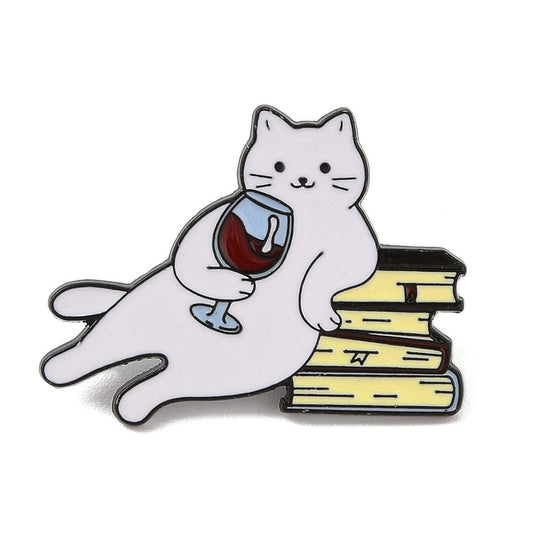 Cat with wine glass and books enamel pin