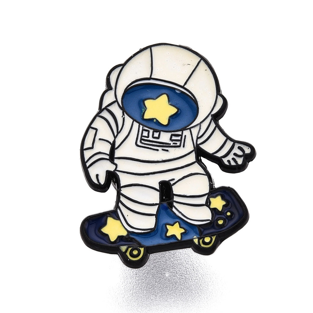 Skateboarding space person enamel pin