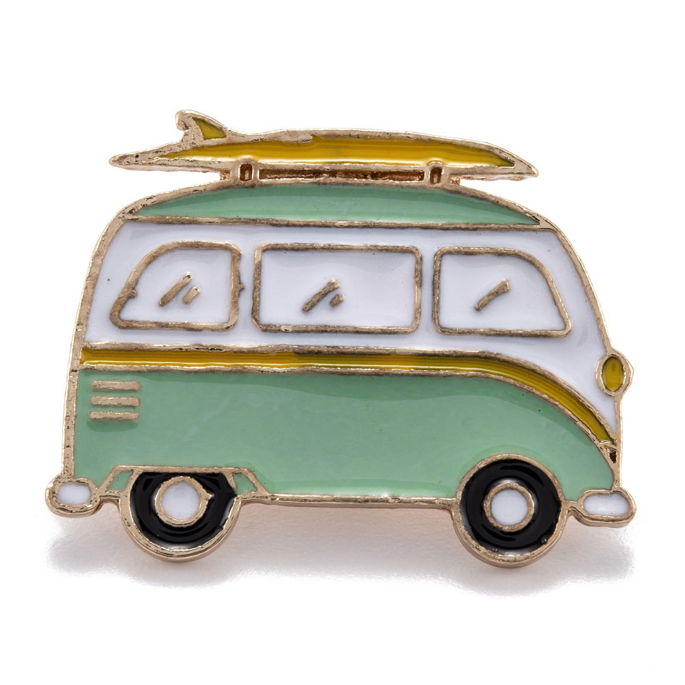 Green van with surfboard enamel pin