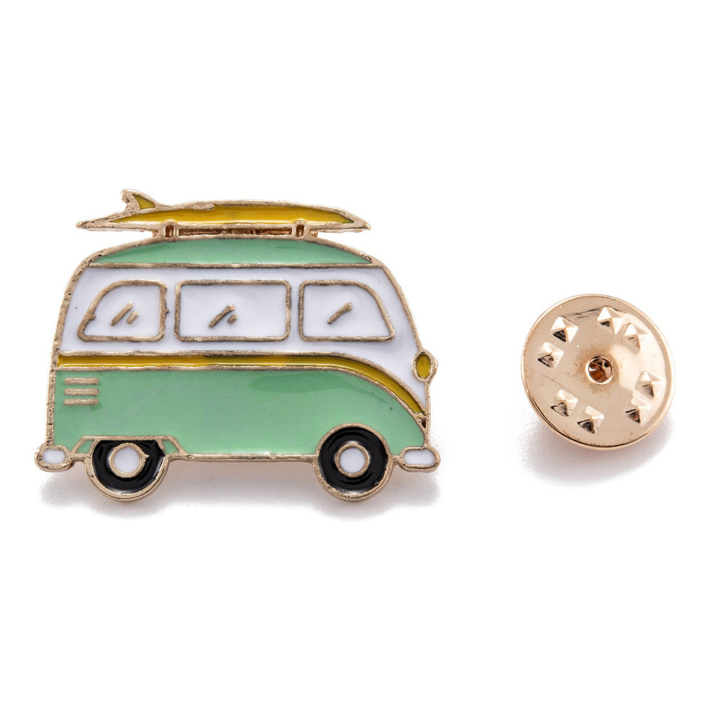 Green van with surfboard enamel pin