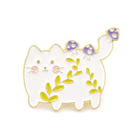 White cat with mushrooms enamel pin