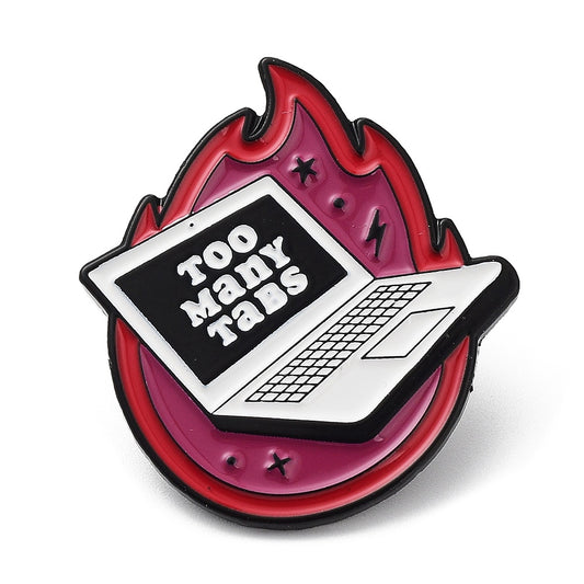 Laptop with 'too many tabs' enamel pin