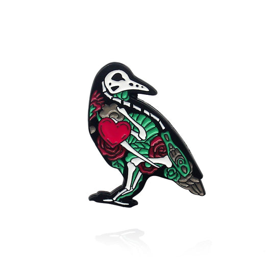 Skeleton crow bird enamel pin