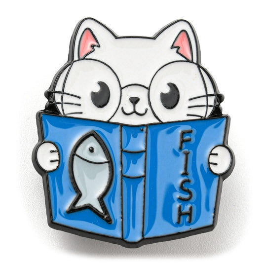 Cat with fish book enamel pin