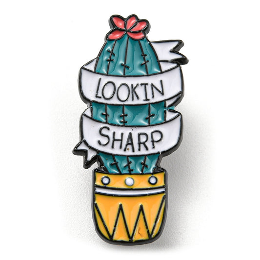 Cactus with 'lookin sharp' enamel pin