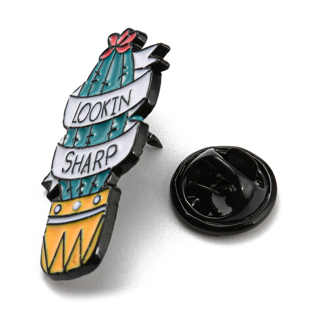 Cactus with 'lookin sharp' enamel pin